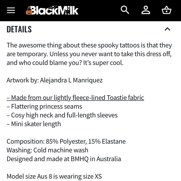 Blackmilk “TATTOWEEN BLACK LONG SLEEVE EVIL MINI SKATER DRESS” Size Medium M NWT - Picture 7 of 16